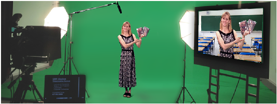 woman being filmed on a green screen